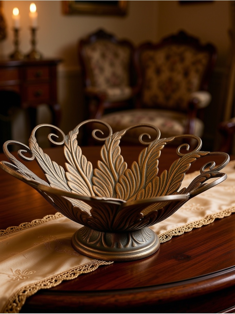 Decorative Heavy Metal Pedestal Bowl Fall Decor Leaf design Candles Fruit Flower
